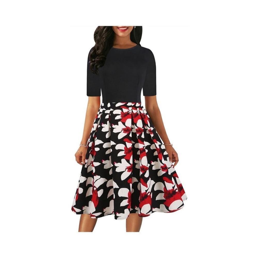 NWOT Women’s Floral Black and Red Dress With Pockets Size M - Picture 1 of 2